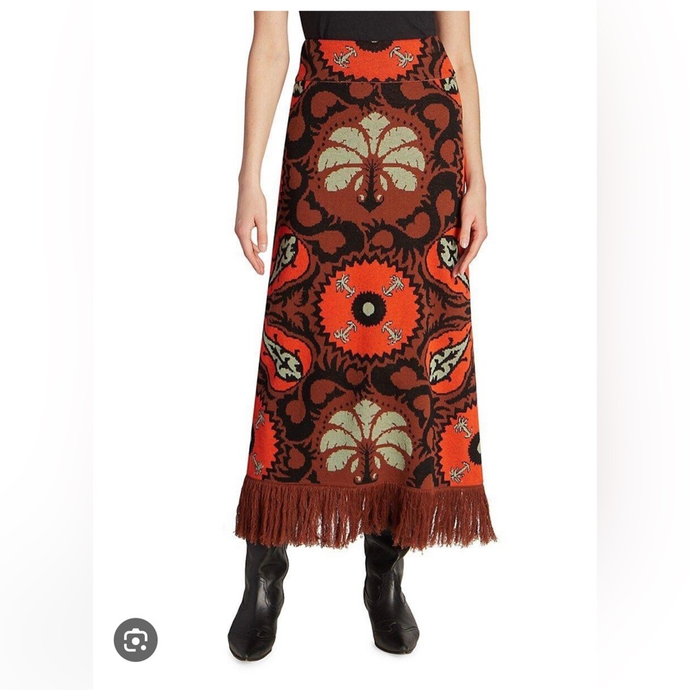 Johanna ortiz printed knit maxi skirt with fringe hem